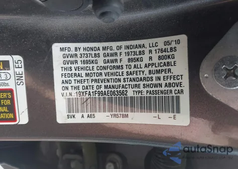 2010 Honda Civic Exl from USA, damaged, VIN 19XFA1F99AE063562